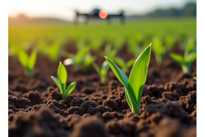 Close-up van bodemsensoren in een veld, met een drone op de achtergrond die gegevens verzamelt.